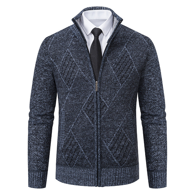 Herren Feinstrick-Zipjacke mit strukturierter Rautenoptik, Stehkragen und durchgehendem Reißverschluss Nord Taschen