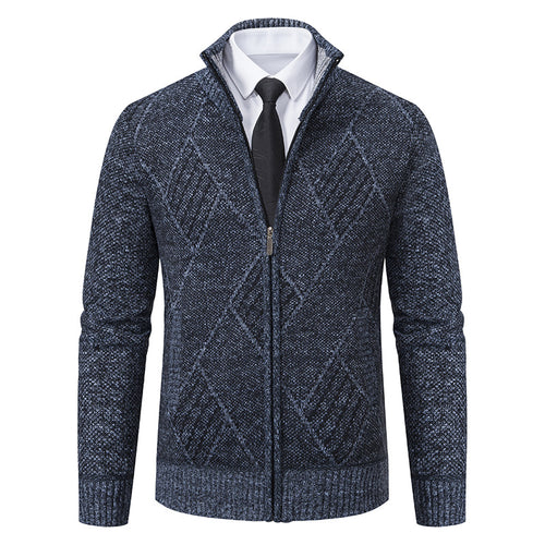 Herren Feinstrick-Zipjacke mit strukturierter Rautenoptik, Stehkragen und durchgehendem Reißverschluss Nord Taschen