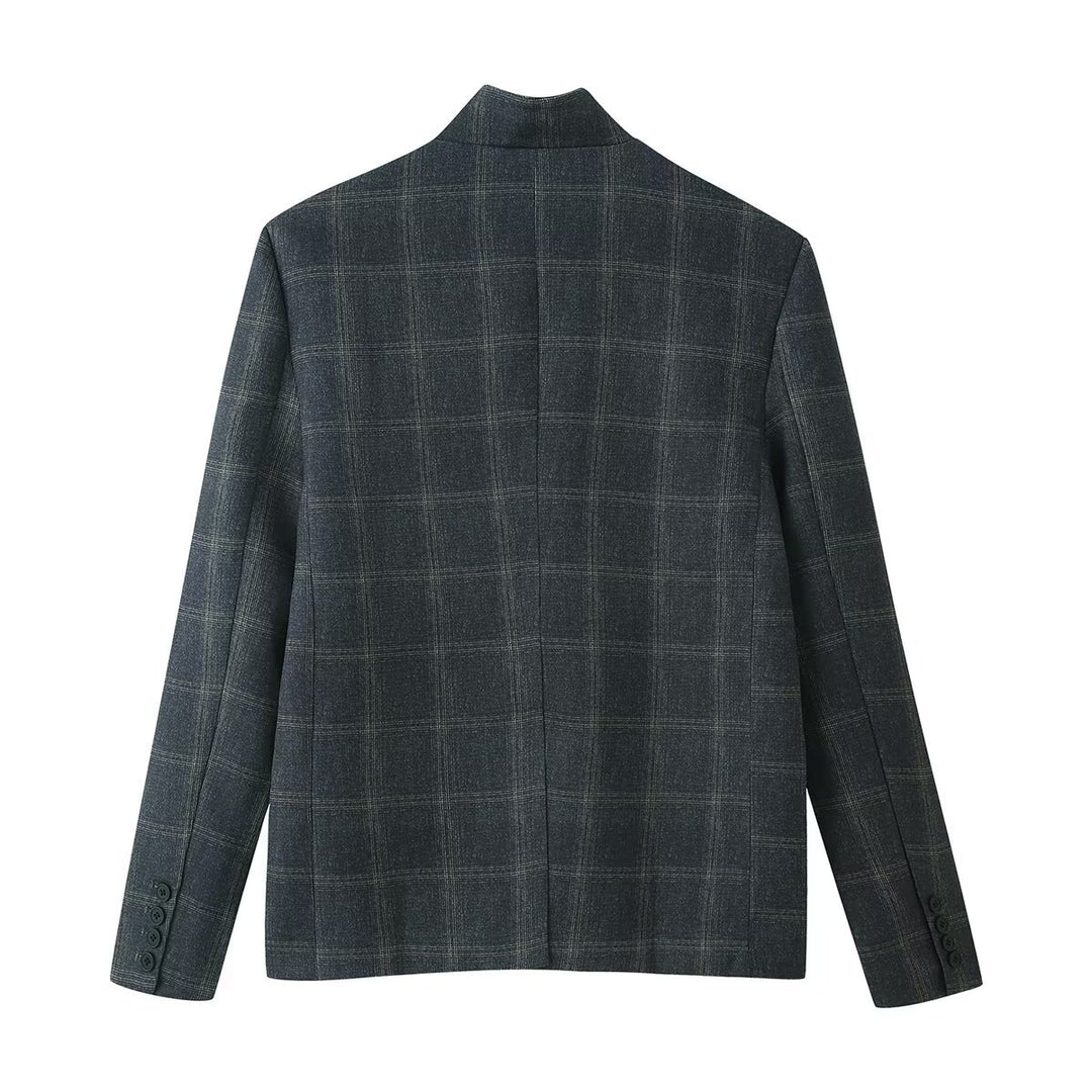 Damen Kastenblazer mit Stehkragen, asymmetrischer Ein-Knopf-Leiste und feinem Karodessin Nord Taschen
