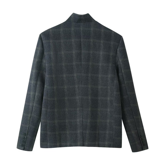 Damen Kastenblazer mit Stehkragen, asymmetrischer Ein-Knopf-Leiste und feinem Karodessin Nord Taschen