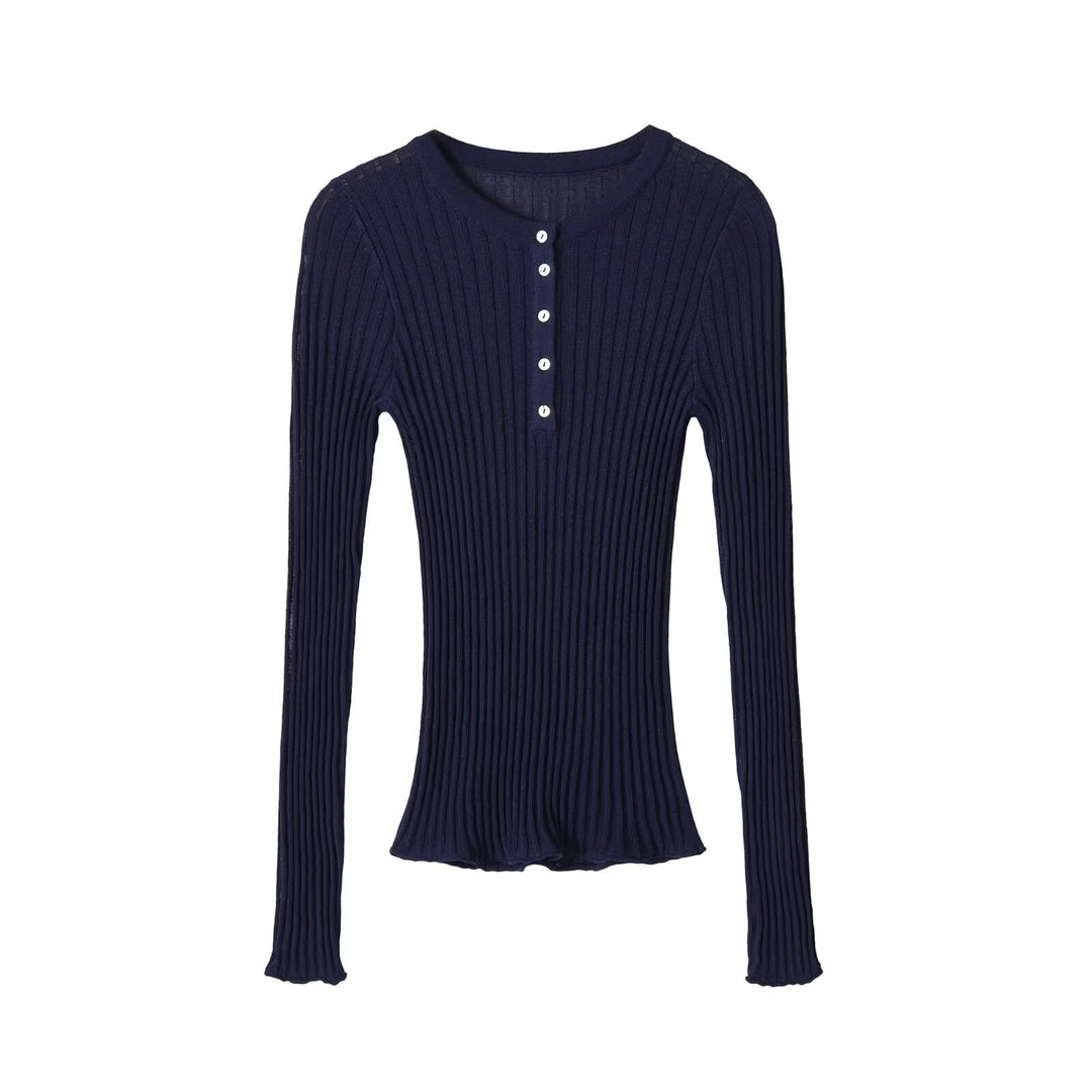 Damen Feinstrick-Longsleeve mit Rippstruktur und Knopfleiste Nord Taschen