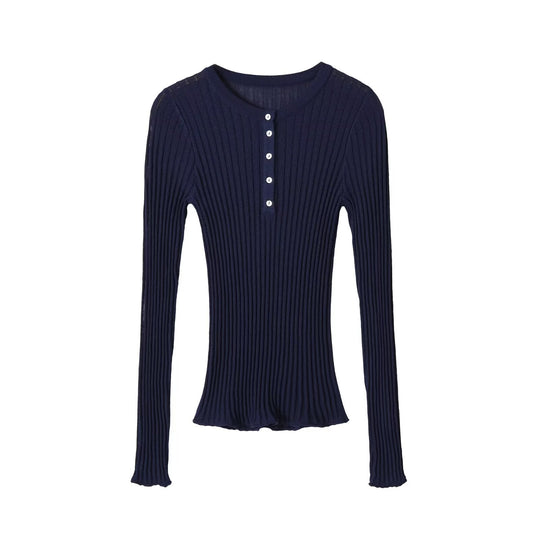 Damen Feinstrick-Longsleeve mit Rippstruktur und Knopfleiste Nord Taschen