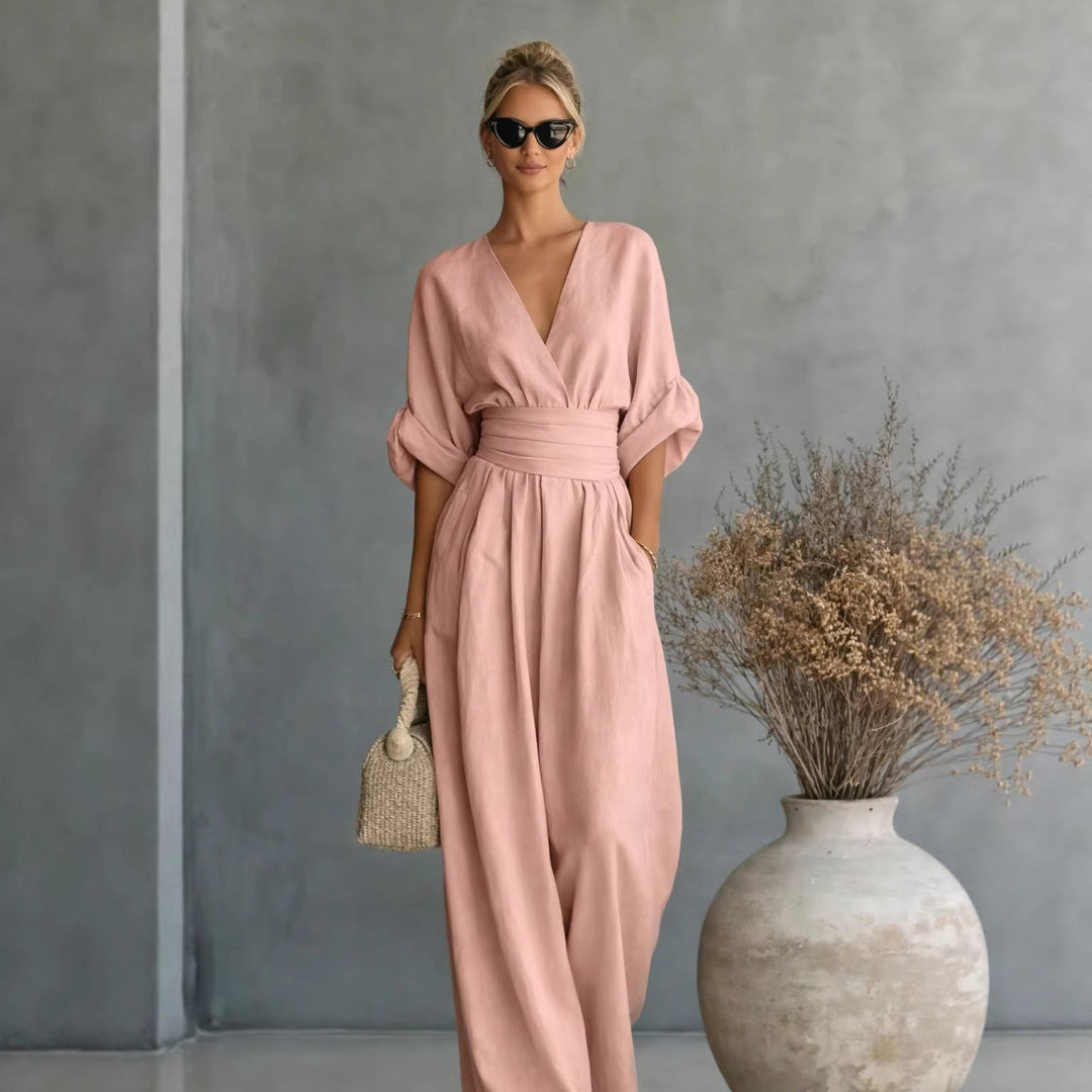 Damen Weit geschnittener Jumpsuit mit eleganten Drapierungen und V-Ausschnitt Nord Taschen