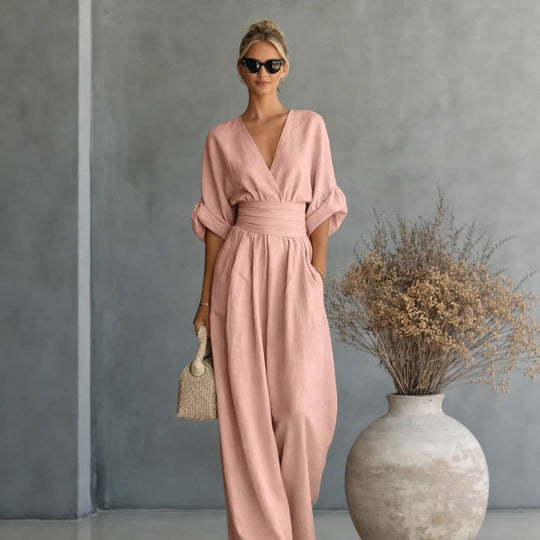 Damen Weit geschnittener Jumpsuit mit eleganten Drapierungen und V-Ausschnitt Nord Taschen
