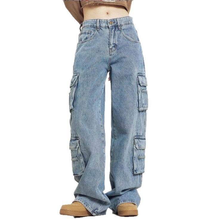 Damen Hochgeschnittene Baggy-Cargo-Jeans mit Mehrfach‑Utility‑Taschen Nord Taschen