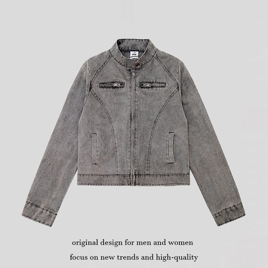 Damen kurze Bikerjacke aus Vintage‑Lederoptik mit Stehkragen und Brustzipper Nord Taschen