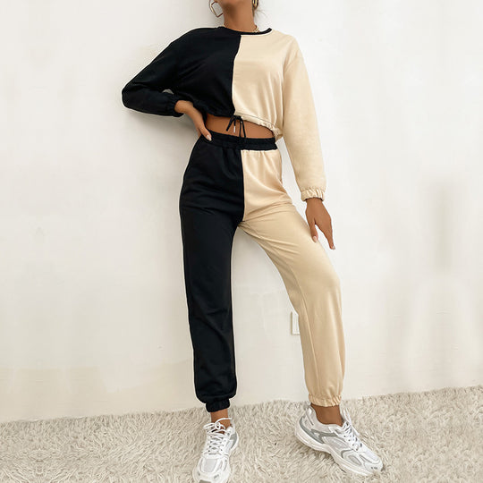 Damen Zweifarbiges Cropped-Jogging-Set mit Tunnelzug, elastischen Bündchen und Boxy-Schnitt Nord Taschen