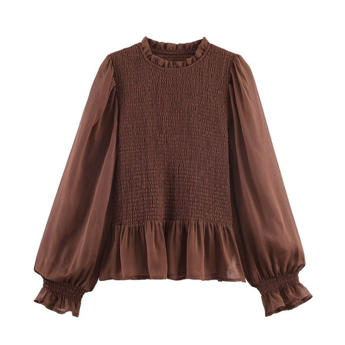 Damen Chiffonbluse mit Smokoberteil, voluminösen Ballonärmeln und Rüschenkragen Nord Taschen