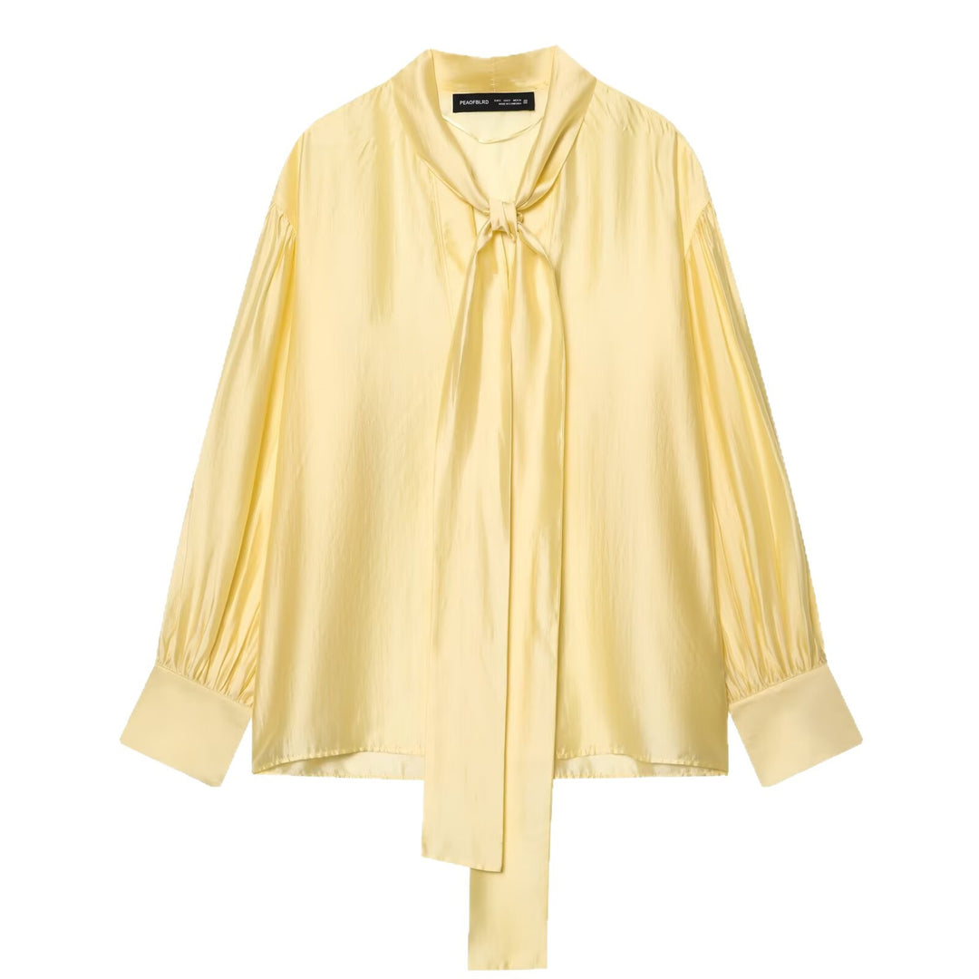 Damen Seidige Bluse mit Bindeschal und Ballonärmeln Nord Taschen