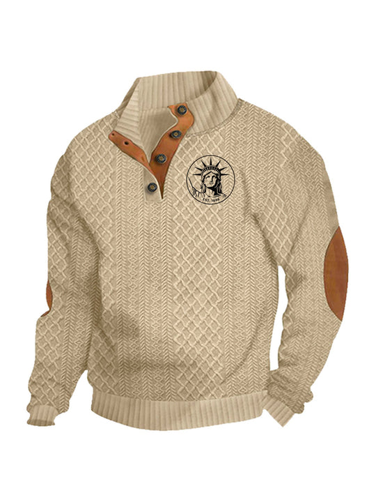Herren nan Heritage-Strukturpullover mit Stehkragen Lederimitat-Besatz Ellenbogen-Patches und Halbknopfleiste