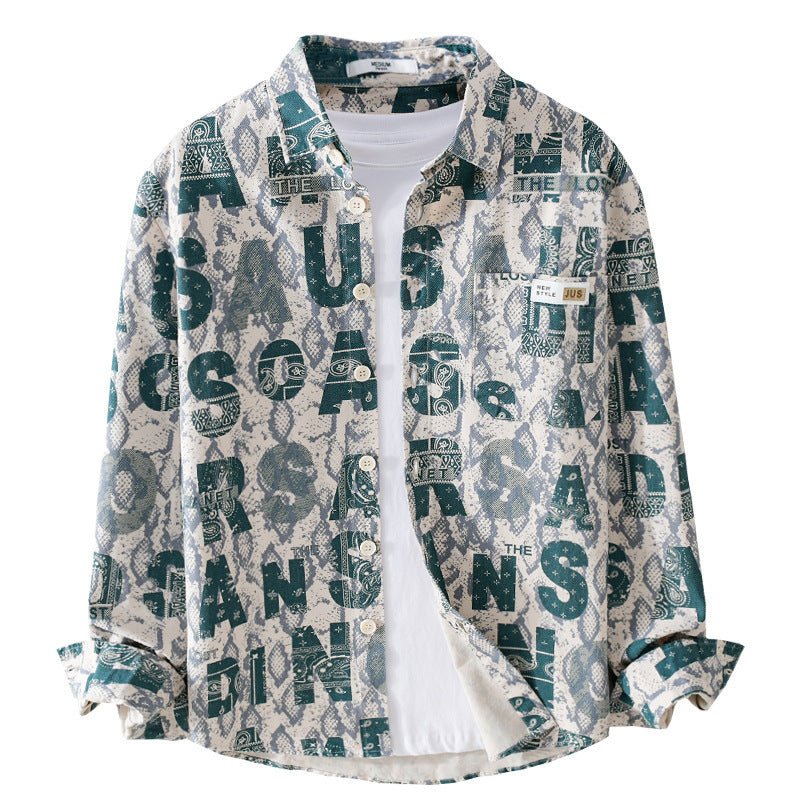Herren Lockeres Hemdjacken-Overshirt mit Allover-Letterprint und Vintage‑Schlangenstruktur Nord Taschen