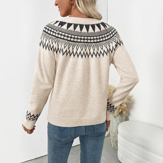 Damen Feinstrick-Pullover mit Jacquard-Rundpasse und dezenten Ajourdetails Nord Taschen