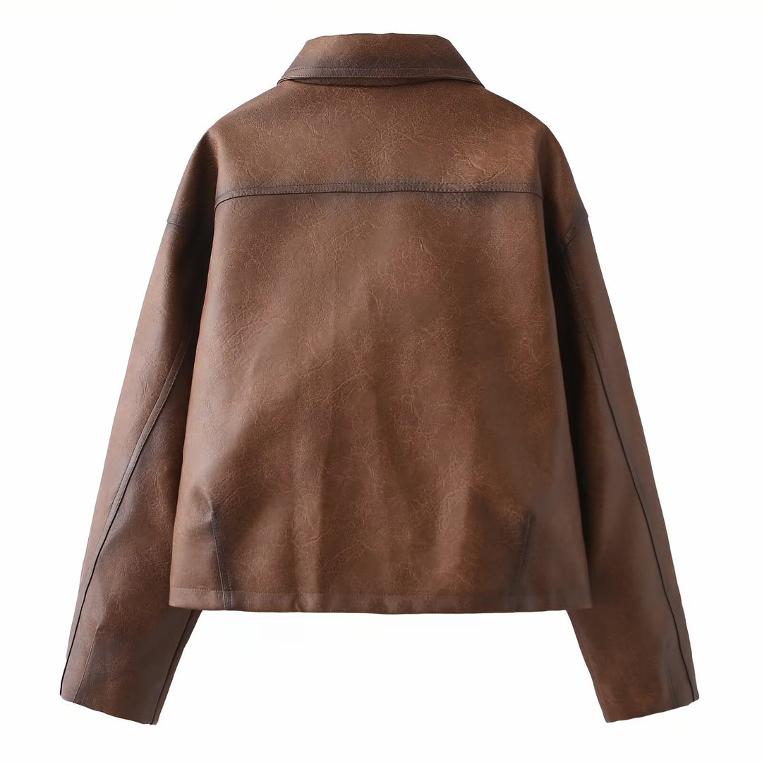 Damen Kurze Oversize-Lederimitatjacke mit Hemdkragen und aufgesetzten Pattentaschen Nord Taschen