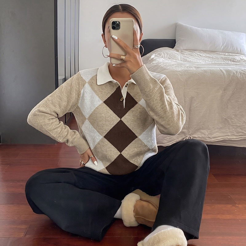 Damen Argyle-Polo-Strickpullover mit kontrastkragen und Zierknopf Nord Taschen