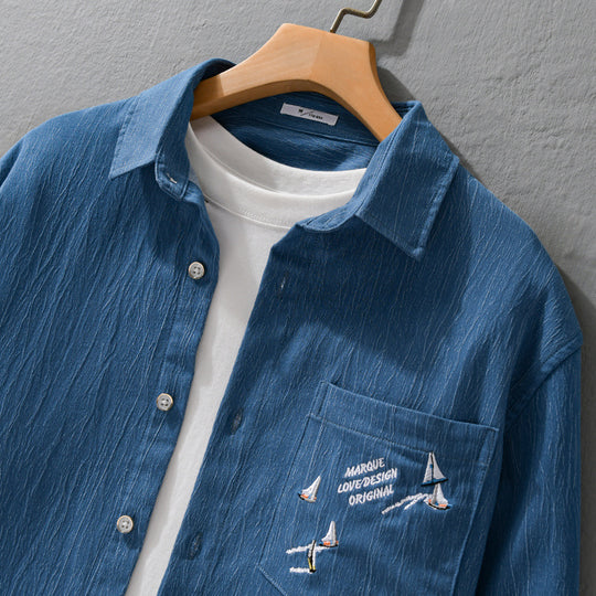 Herren Texturiertes Chambray-Overshirt mit maritimer Stickerei und Brusttasche Nord Taschen