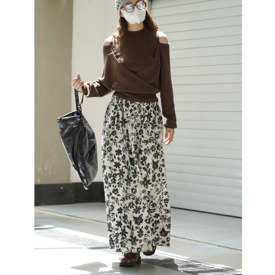 Damen Weiter Midirock mit gerafftem Bund und floralem Muster Nord Taschen