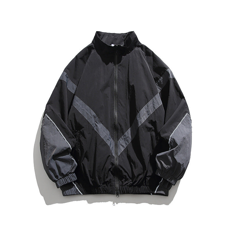 Herren Leichte Oversize Windbreaker-Jacke mit Chevron-Paneelen, Stehkragen und elastischem Saum Nord Taschen