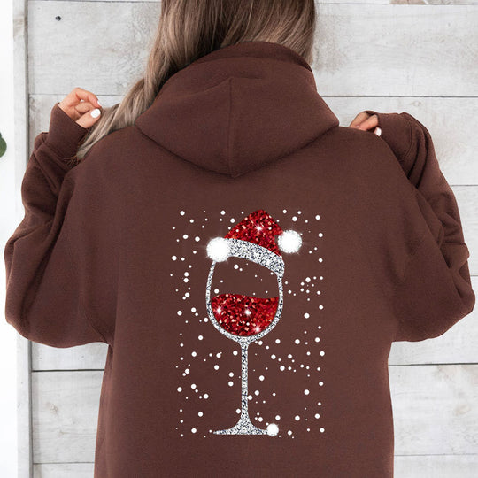 Damen Oversize Kapuzenpullover mit weihnachtlichem Glitzer-Weinglas-Print Nord Taschen
