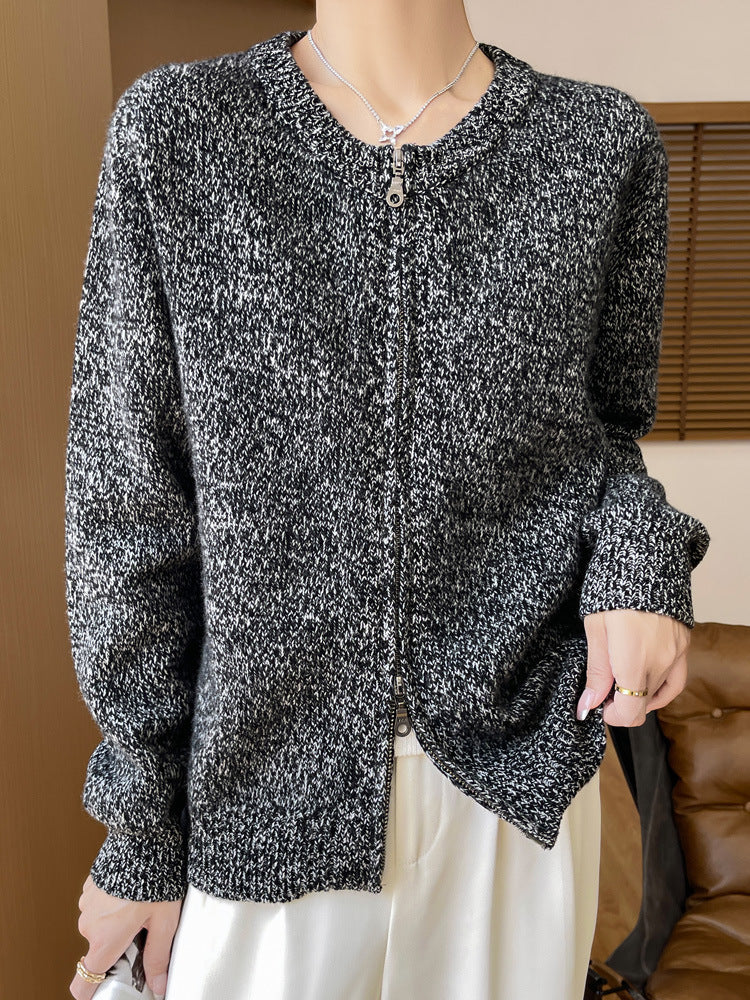Damen Melierter Reißverschluss-Cardigan mit Zwei-Wege-Zipper und gerippten Bündchen Nord Taschen
