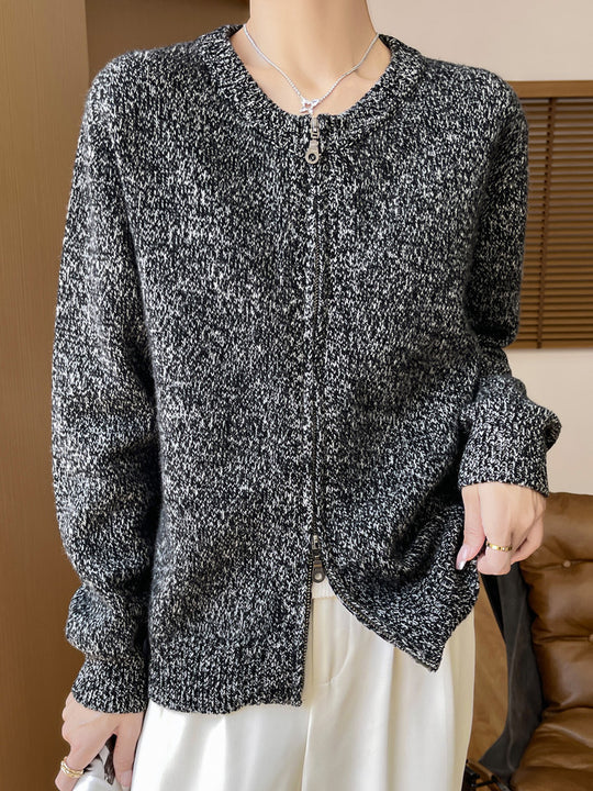 Damen Melierter Reißverschluss-Cardigan mit Zwei-Wege-Zipper und gerippten Bündchen Nord Taschen