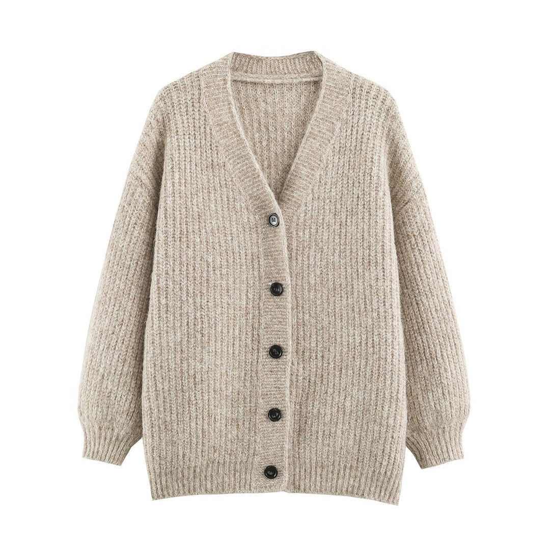 Damen Oversized Grobstrick-Cardigan mit tiefem V-Ausschnitt, Rippenstruktur und Ballonärmeln Nord Taschen