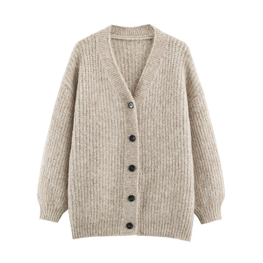 Damen Oversized Grobstrick-Cardigan mit tiefem V-Ausschnitt, Rippenstruktur und Ballonärmeln Nord Taschen