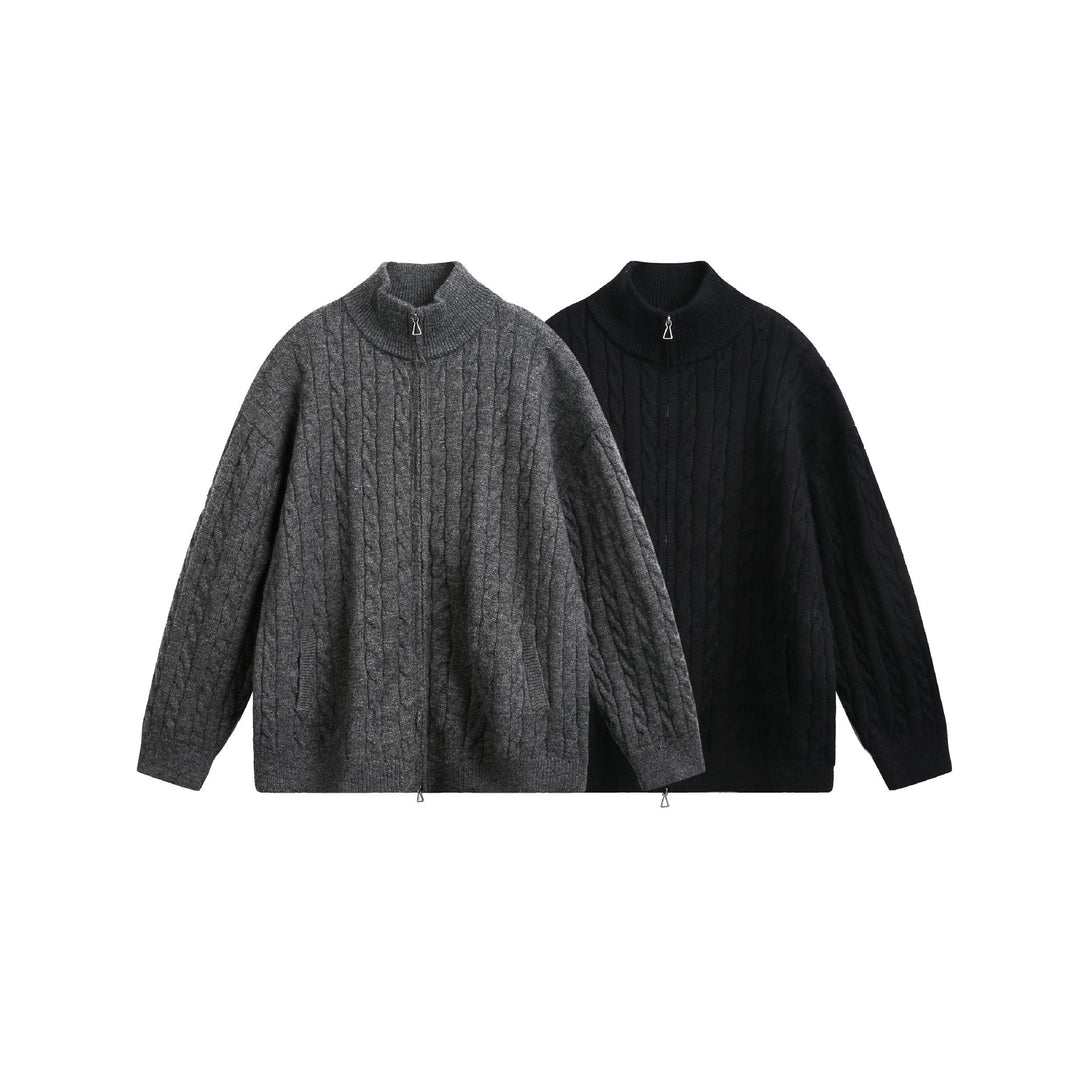 Unisex Grobstrick-Pullover mit Zopfmuster, hohem Stehkragen und Zwei-Wege-Reißverschluss Nord Taschen