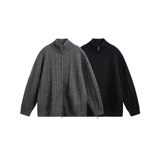 Unisex Grobstrick-Pullover mit Zopfmuster, hohem Stehkragen und Zwei-Wege-Reißverschluss Nord Taschen