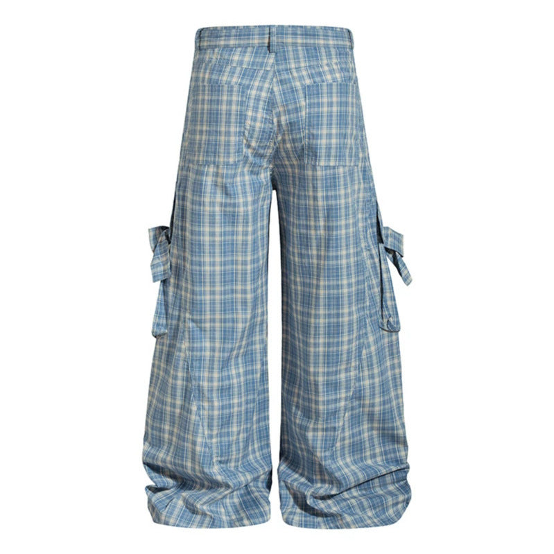 Damen karierte hochgeschnittene Cargo-Hose mit weitem Bein und Volant-Taschen Nord Taschen