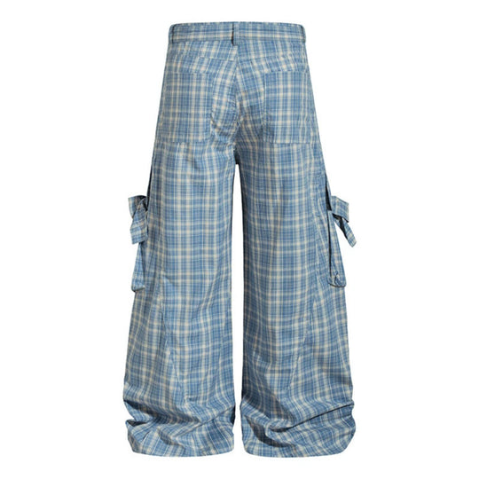 Damen karierte hochgeschnittene Cargo-Hose mit weitem Bein und Volant-Taschen Nord Taschen