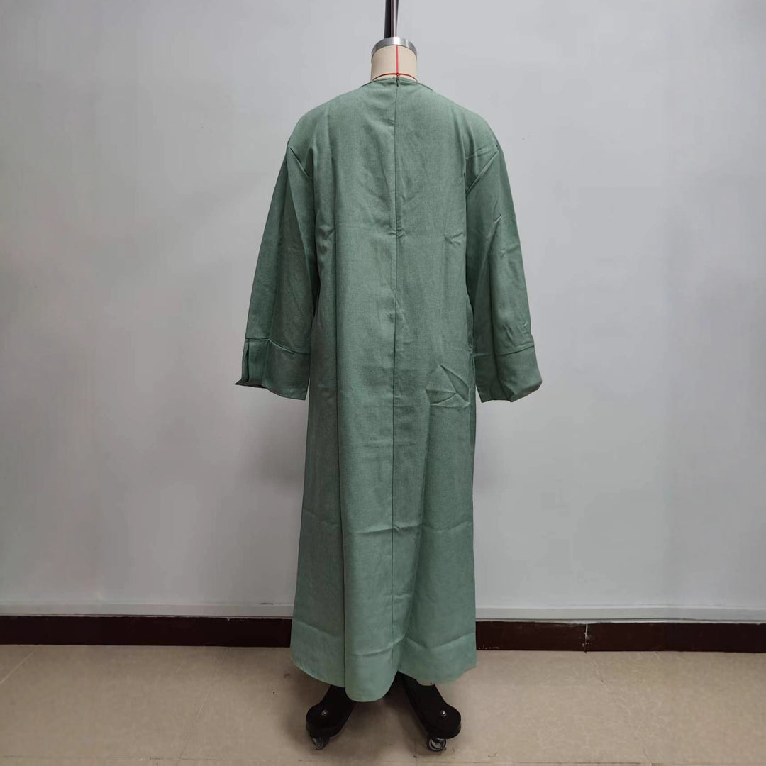 Damen Maxikleid aus Leinen-Mix mit Taillengürtel und weiten Manschellen Nord Taschen
