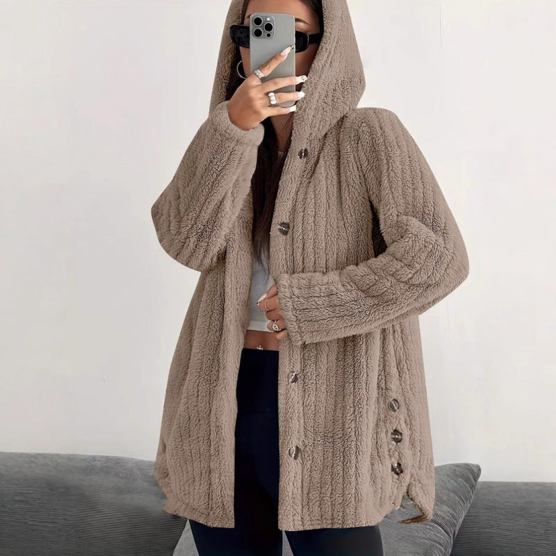 Damen Kapuzen-Teddy-Mantel mit Knopfleiste und Oversize-Schnitt Nord Taschen