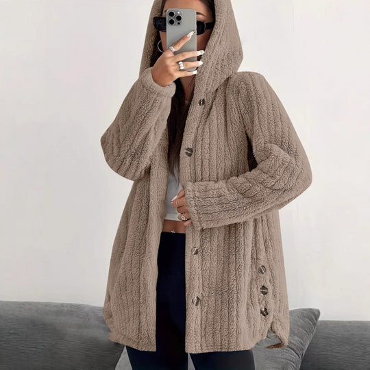 Damen Kapuzen-Teddy-Mantel mit Knopfleiste und Oversize-Schnitt Nord Taschen