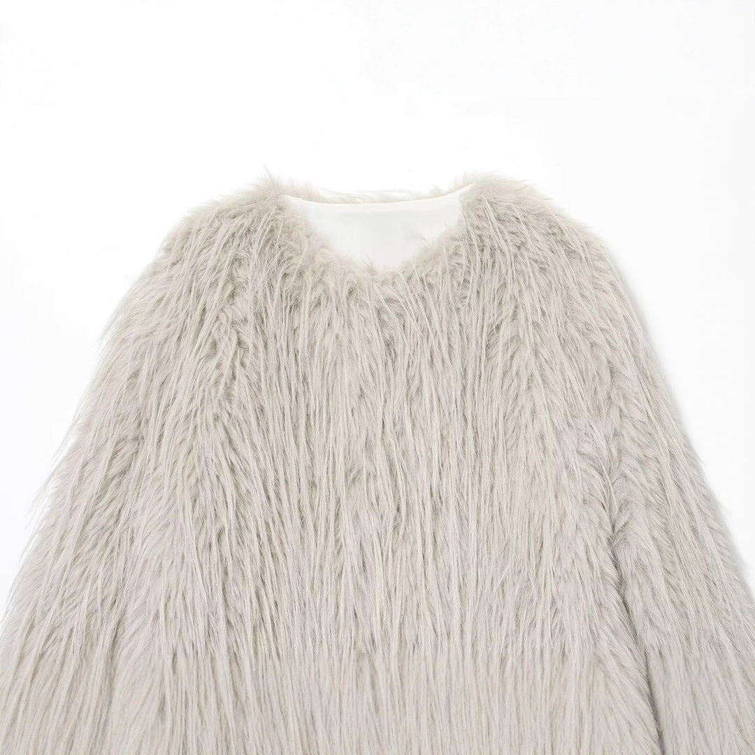Damen Faux-Fur-Pelzjacke mit langem Shaggy-Fell und Rundhalsausschnitt Nord Taschen