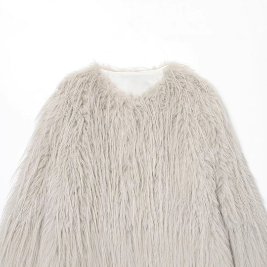 Damen Faux-Fur-Pelzjacke mit langem Shaggy-Fell und Rundhalsausschnitt Nord Taschen