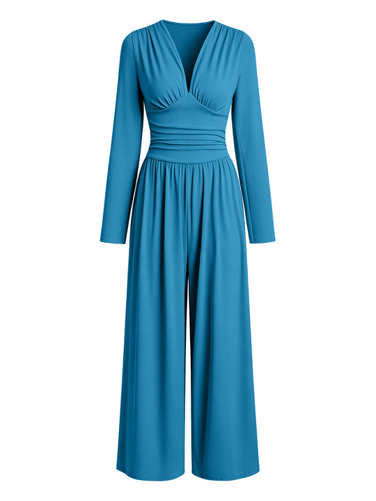 Damen Eleganter V‑Ausschnitt Jumpsuit mit tailliertem Wickelbund und weitem Hosenbein Nord Taschen