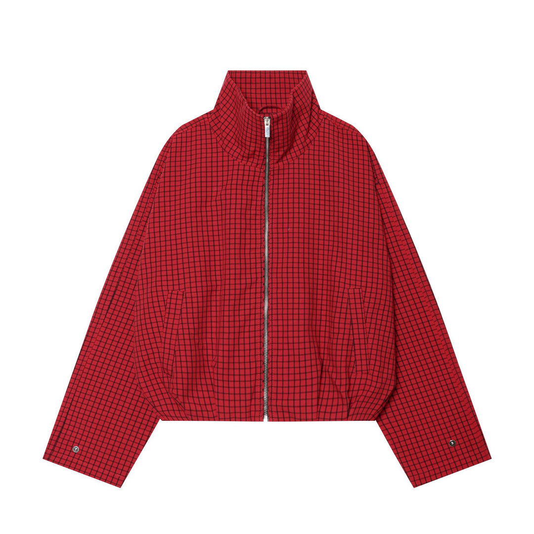 Damen Cropped-Bomberjacke mit hohem Stehkragen, Karomuster und elastischem Saum Nord Taschen