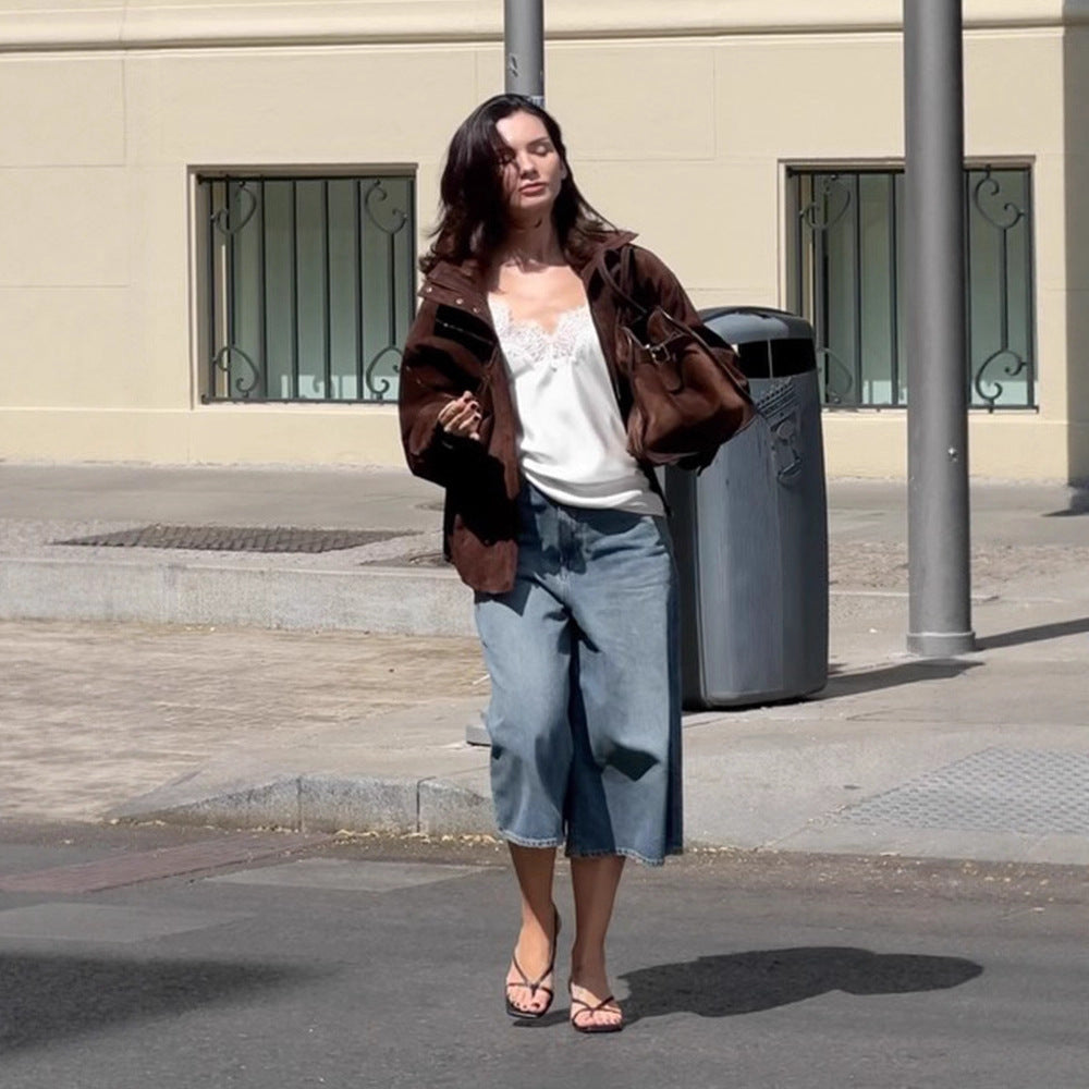 Damen Kurz geschnittener Veloursleder-Blouson mit hohem Stehkragen, kastiger Oversize‑Silhouette und verdecktem Reißverschluss Nord Taschen