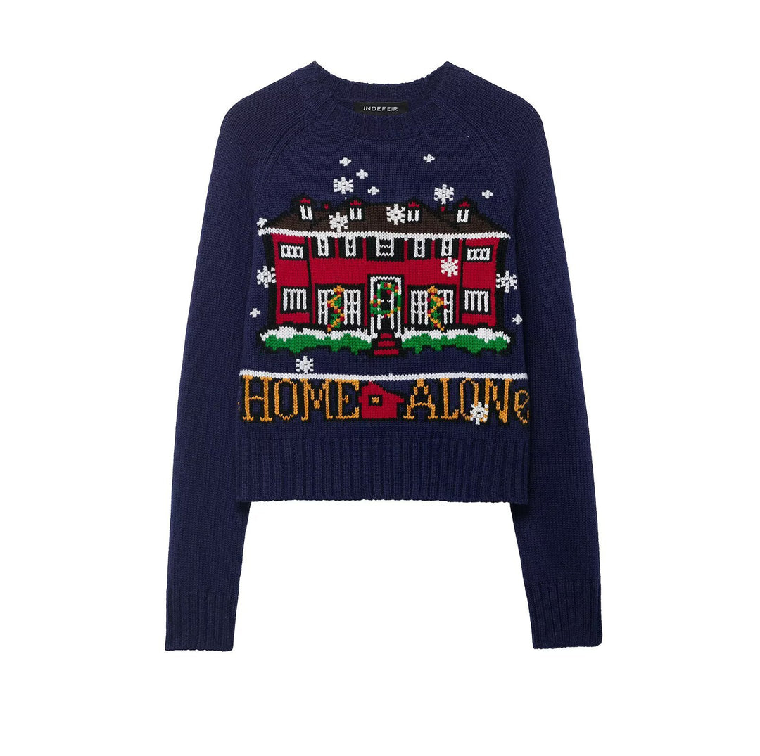 Damen Cropped-Weihnachtspullover mit Intarsia-Hausmotiv und Rundhalsausschnitt Nord Taschen