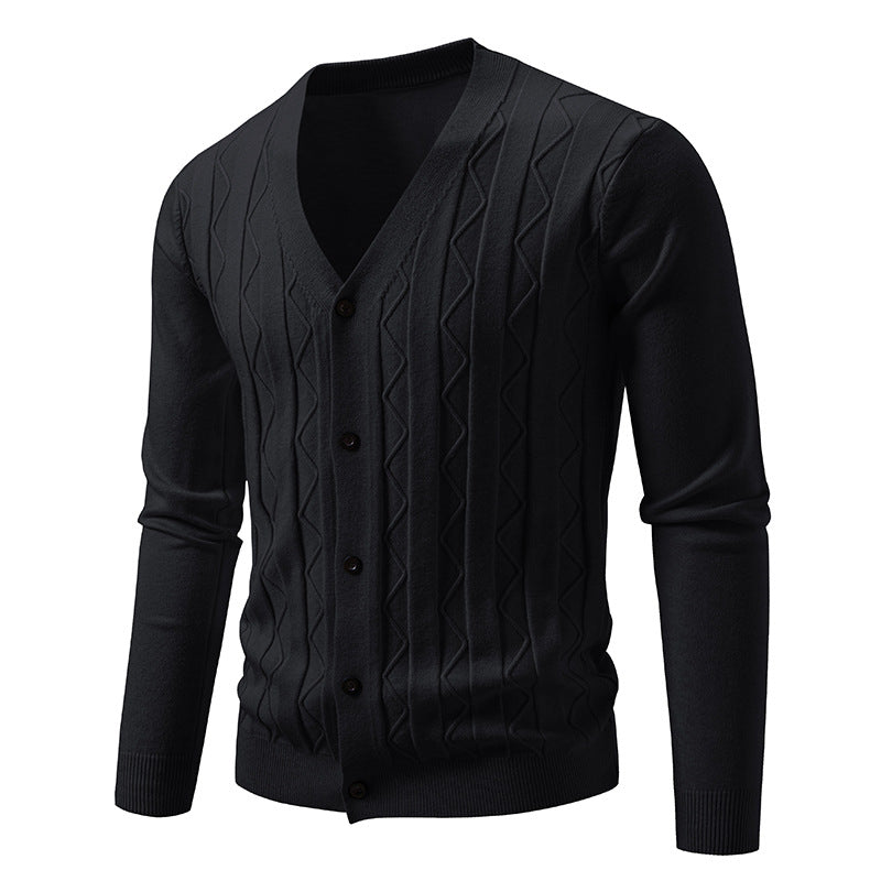 Herren V-Ausschnitt Strickjacke mit dezenter Zopfmusterstruktur und durchgehender Knopfleiste Nord Taschen