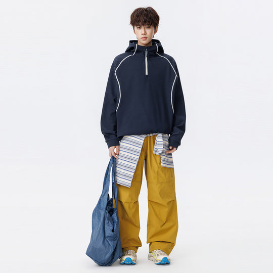 Unisex Oversize Waffelstruktur-Halbzip-Hoodie mit Raglanärmeln und Kontrastpaspeln Nord Taschen