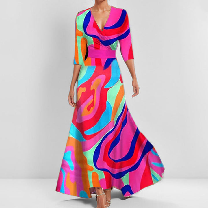 Elegantes V-Ausschnitt Bedrucktes Taillenkleid mit Schößchen