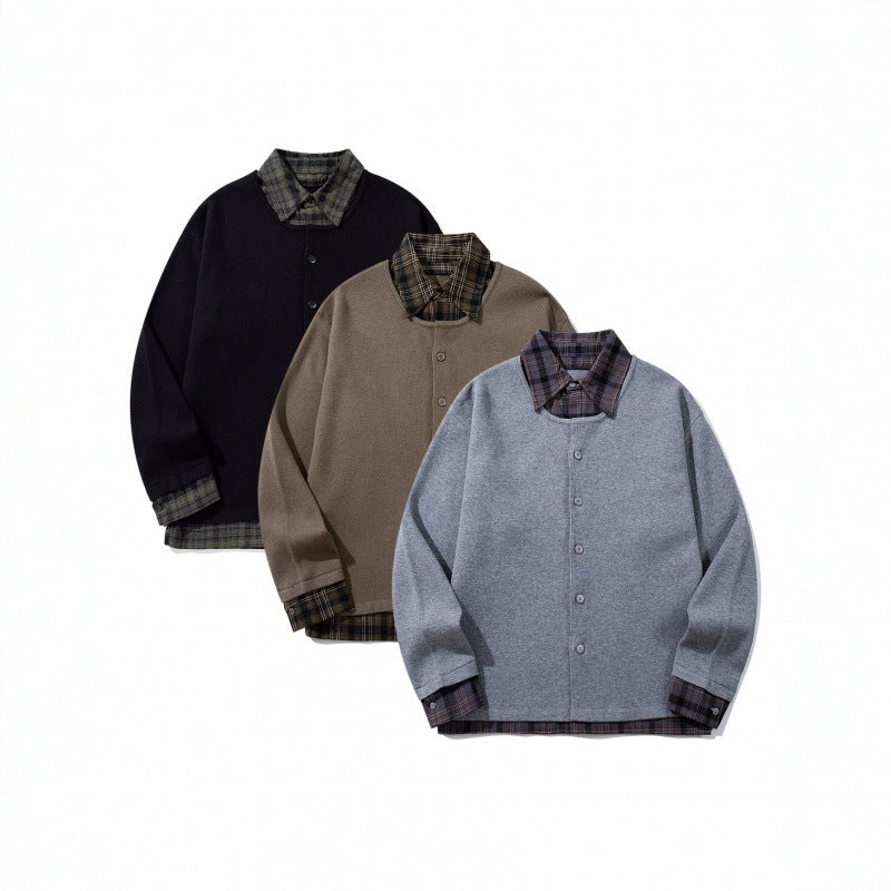 Unisex Layering-Set aus karierter Hemdbluse und offener Strick-Überjacke Nord Taschen