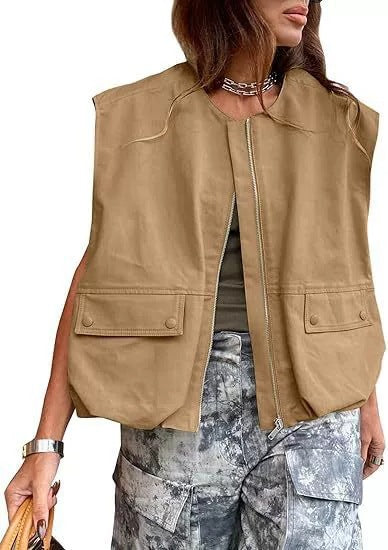 Damen Ärmellose utilitaristische Weste mit Reißverschluss und Pattentaschen Nord Taschen