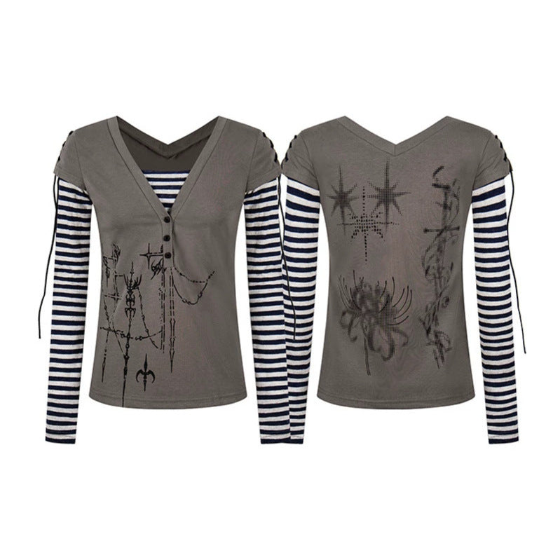 Damen Lagen-Langarmshirt mit V-Ausschnitt, Streifen-Innenlayer und Schnürdetail Nord Taschen