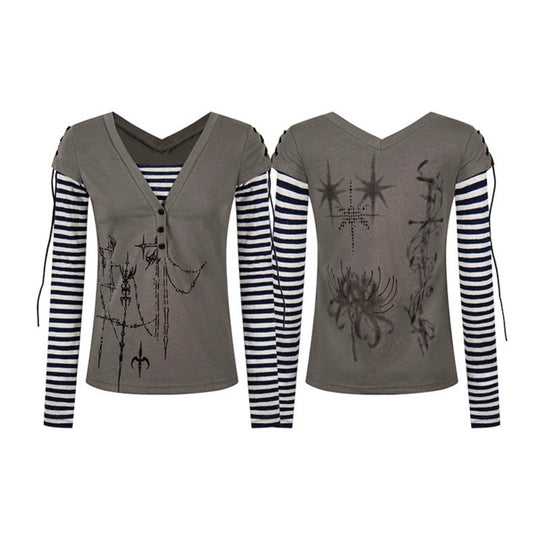 Damen Lagen-Langarmshirt mit V-Ausschnitt, Streifen-Innenlayer und Schnürdetail Nord Taschen