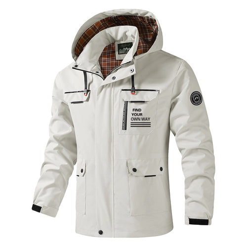 Herren Atmungsaktive wasserabweisende Kapuzen-Outdoorjacke mit kariertem Innenfutter, Multifunktions-Taschen & verstellbarer Kapuze Nord Taschen