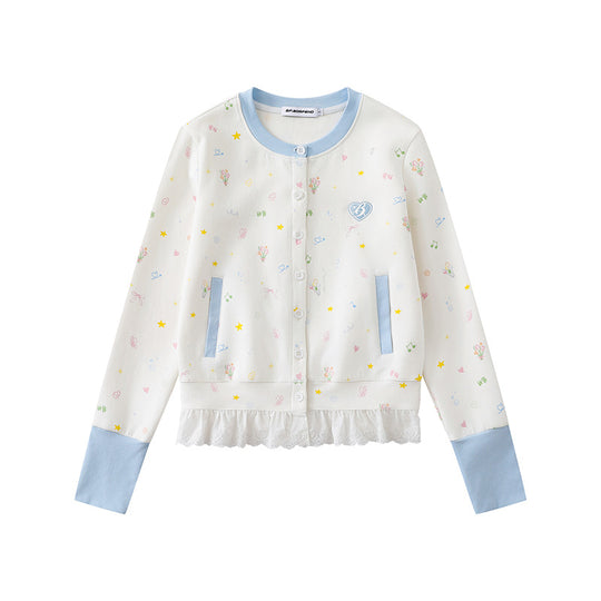Damen Knopfleisten-Cardigan mit Spitzenvolant, pastelligem Allover-Print und Kontrastbündchen Nord Taschen