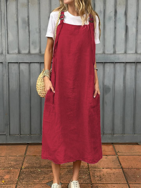 Damen lässiges Leinenkleid mit praktischen Taschen und verstellbaren Trägern