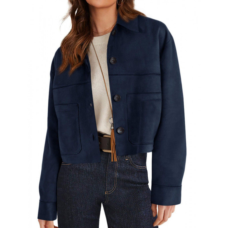 Damen kurze Wildleder-Optik Jacke mit aufgesetzten Taschen und Hemdkragen Nord Taschen